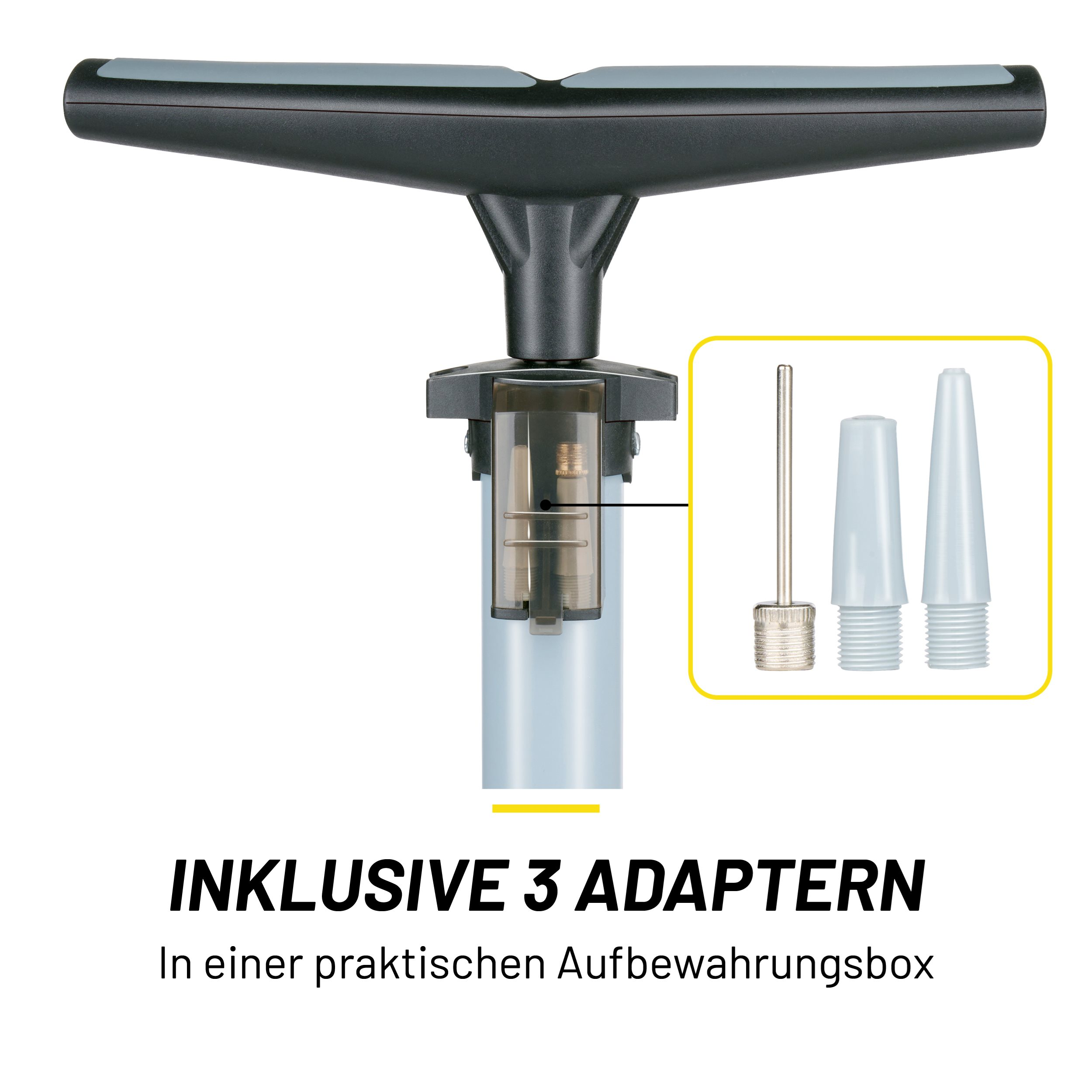 A blue and gray hand pump with three adapters displayed in a box, with text that says 'includes 3 adapters'.