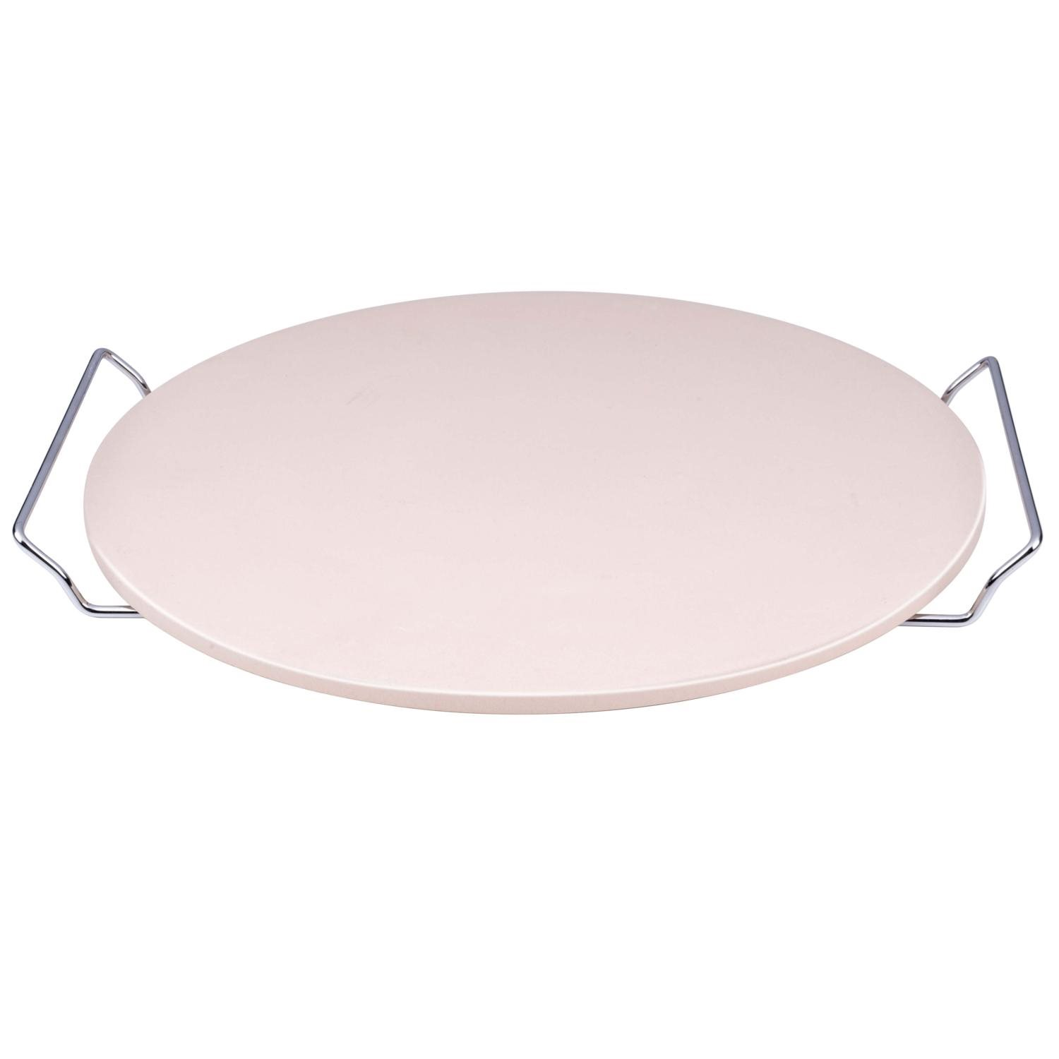 A round pizza stone on a metal frame, set against a white background.