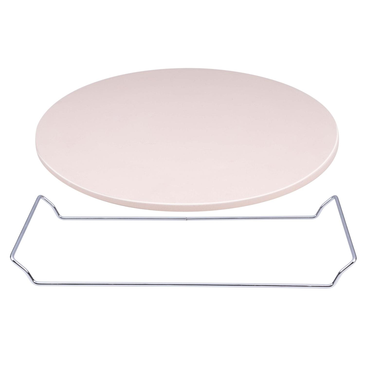 A round pizza stone with a metal rack underneath, isolated on a white background.