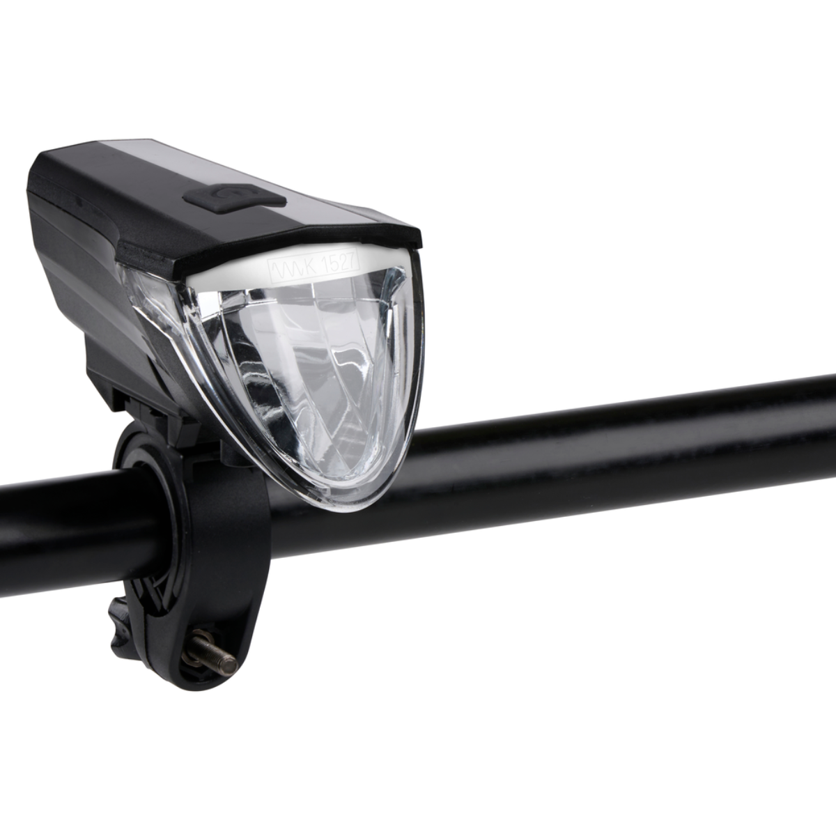 Een zwart fietslicht bevestigd aan een zwart stuur. Het licht heeft een heldere lens.