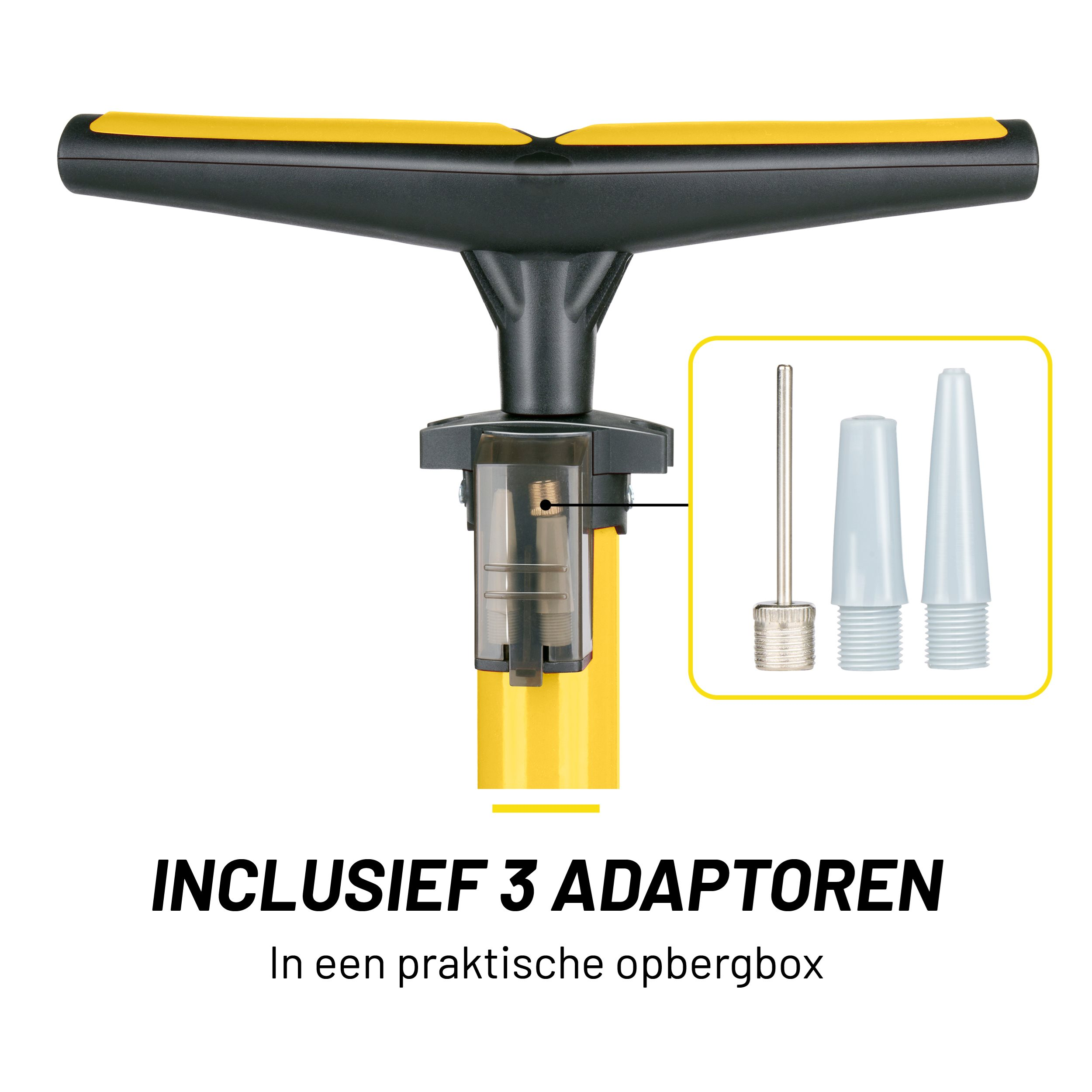 Yellow and black pump with 3 adaptors. Text reads 'INCLUSIEF 3 ADAPTOREN'.