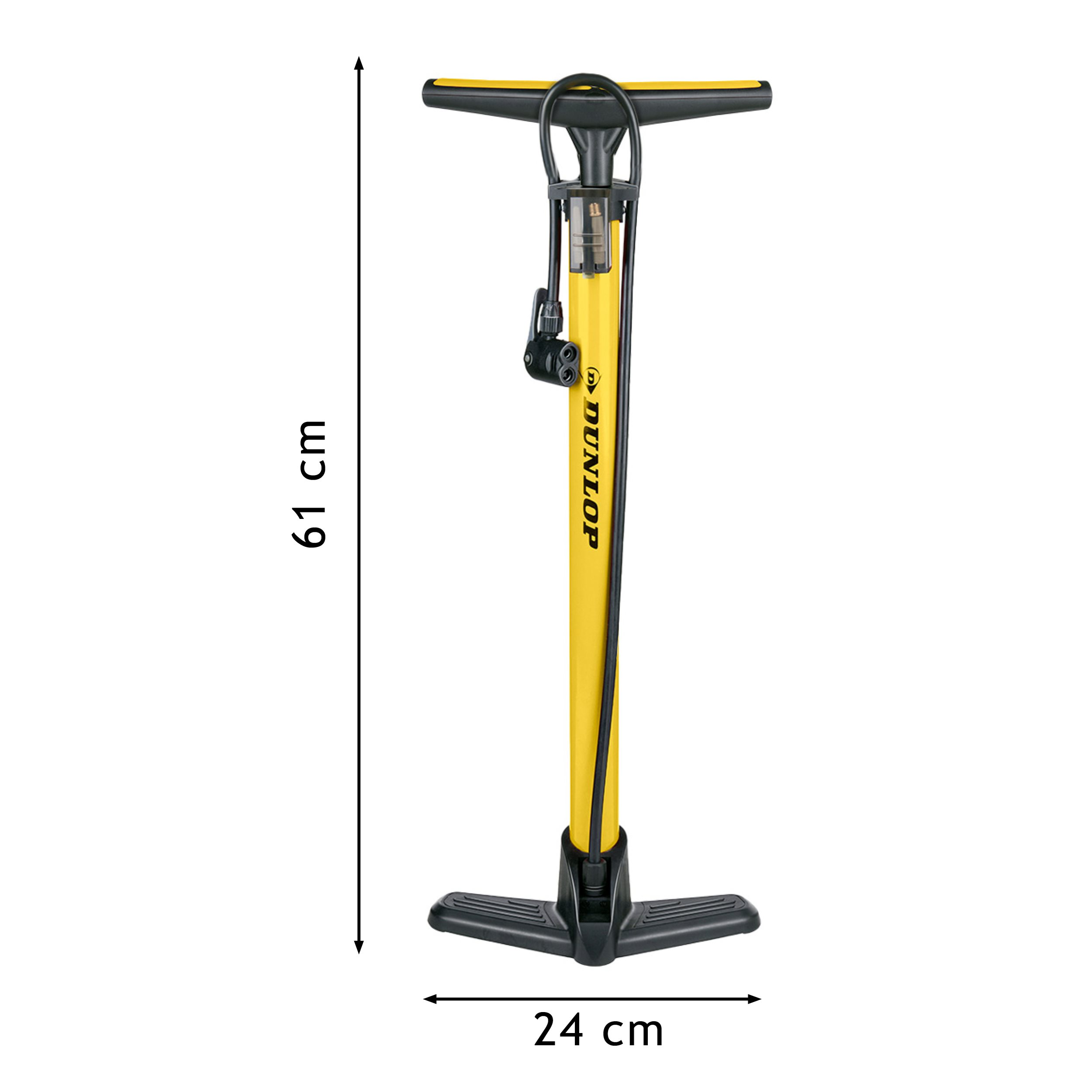 A yellow and black bicycle pump with dimension labels: 61 cm tall and 24 cm wide.
