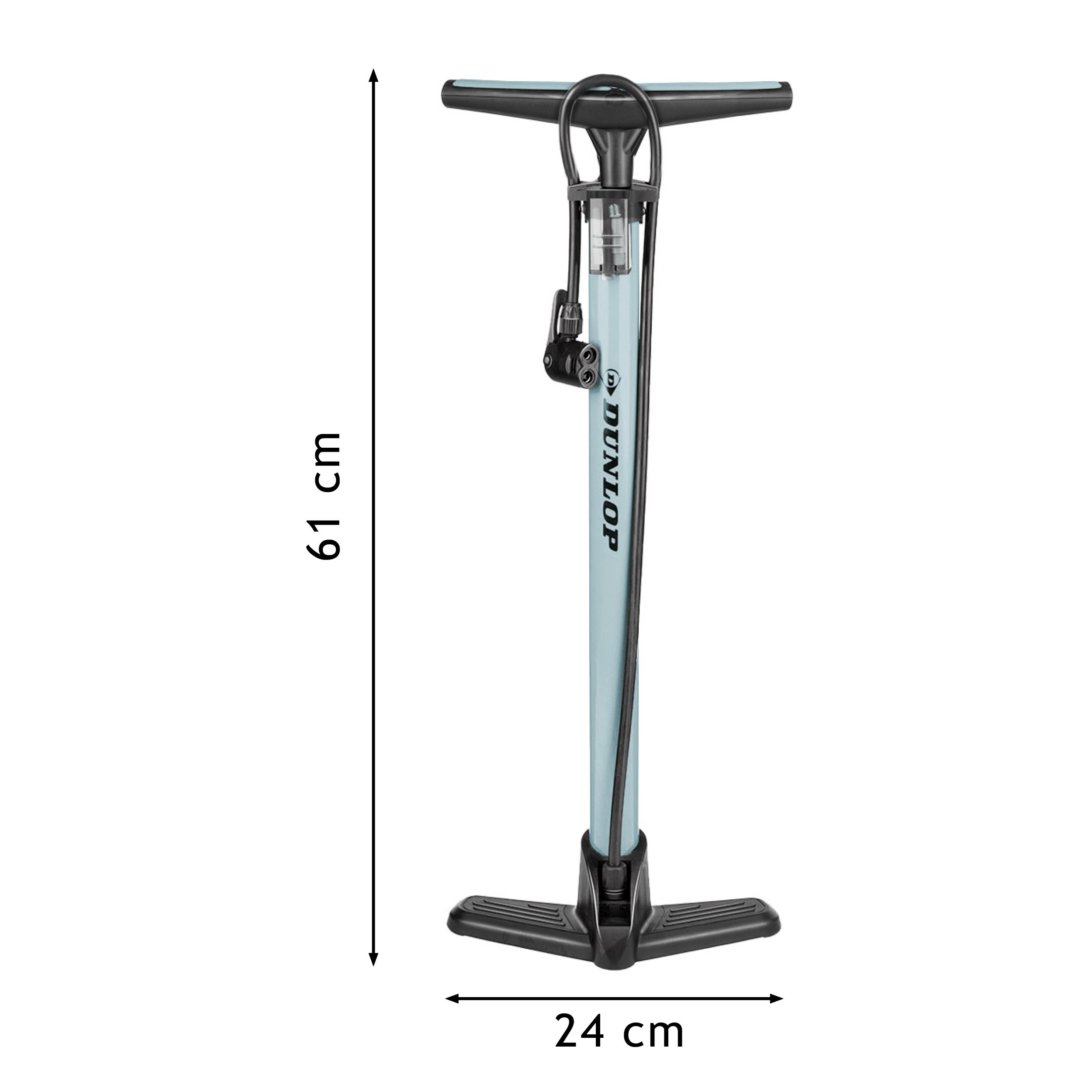 A blue and black Dunlop bicycle pump with measurements of 61cm and 24cm.