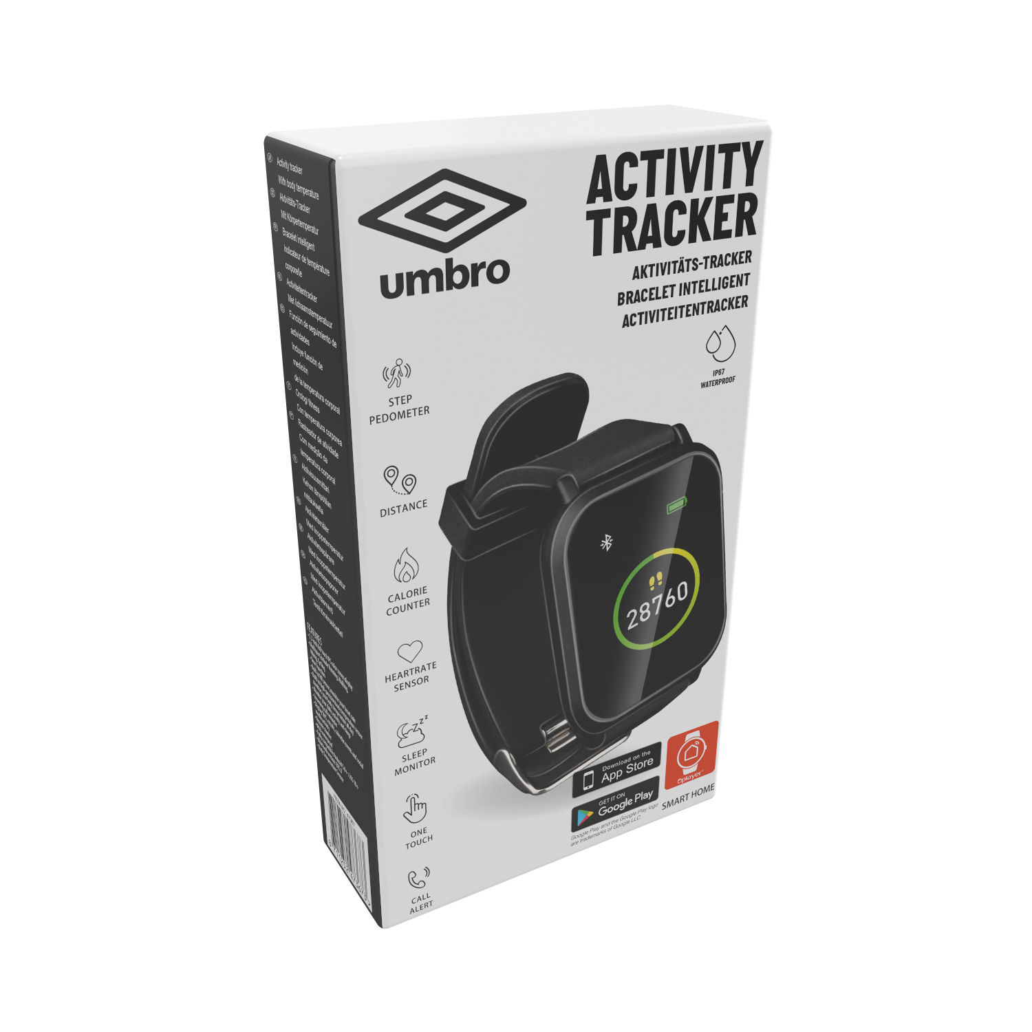 A black Umbro activity tracker in a box. The box shows its features and the Umbro logo.