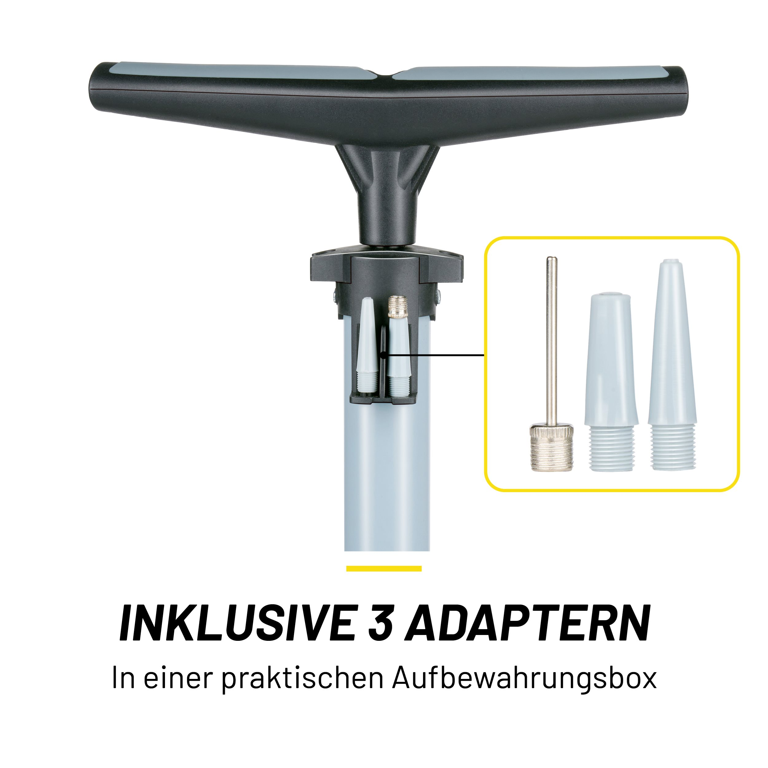Gray and yellow pump with 3 adaptors. Text reads 'INKLUSIVE 3 ADAPTERN'.