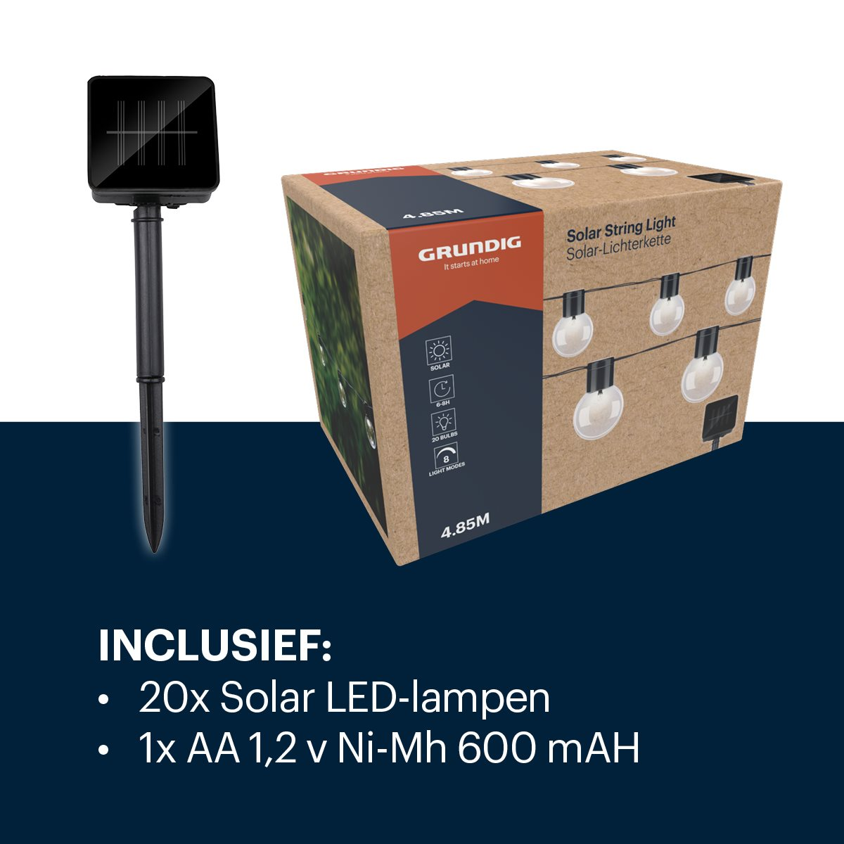 Een Grundig-doos toont solar lichtslingers. De doos toont de lichten in een tuinsetting.