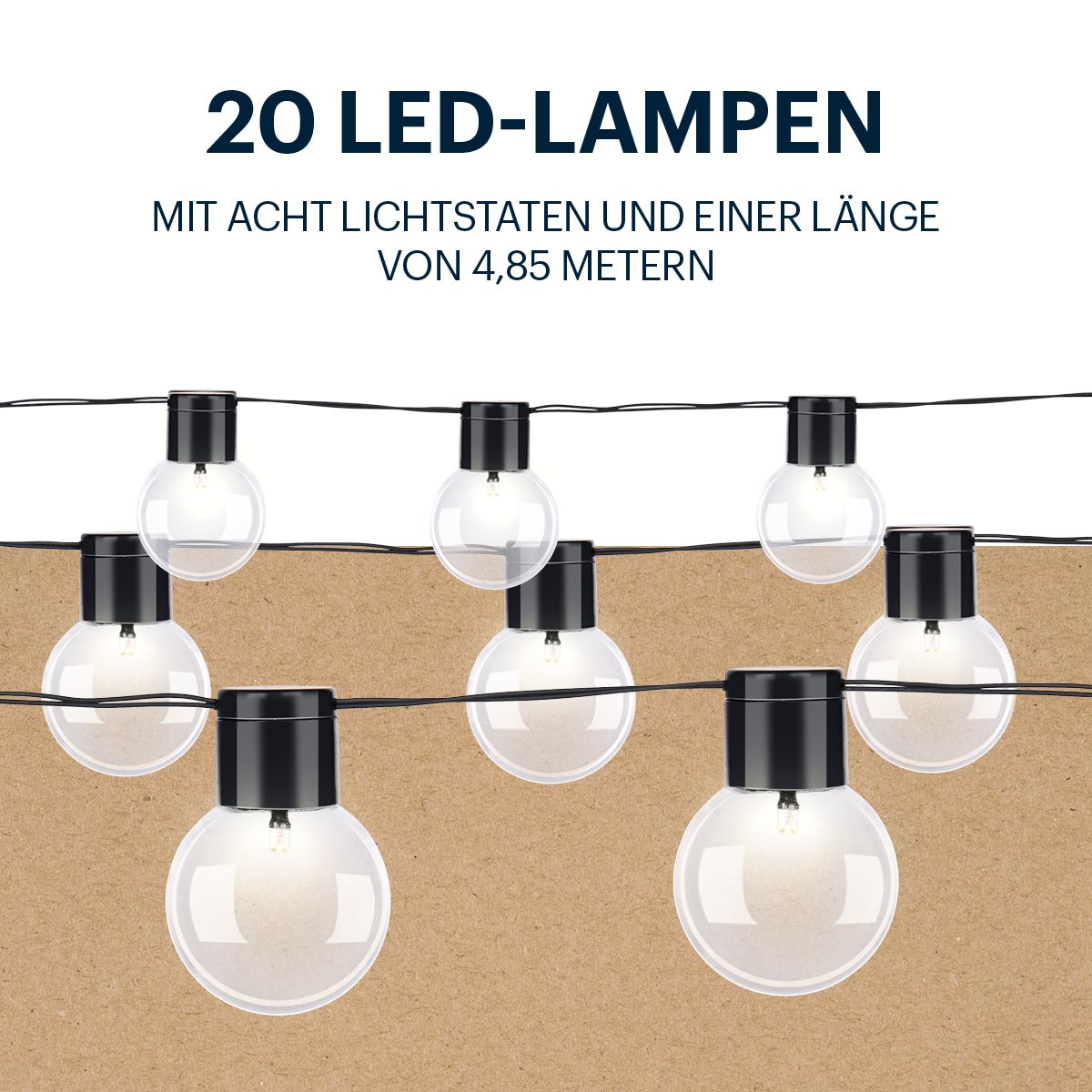 Slingerverlichting met heldere lampen op bruine achtergrond. Tekst: 20 LED-lampen.