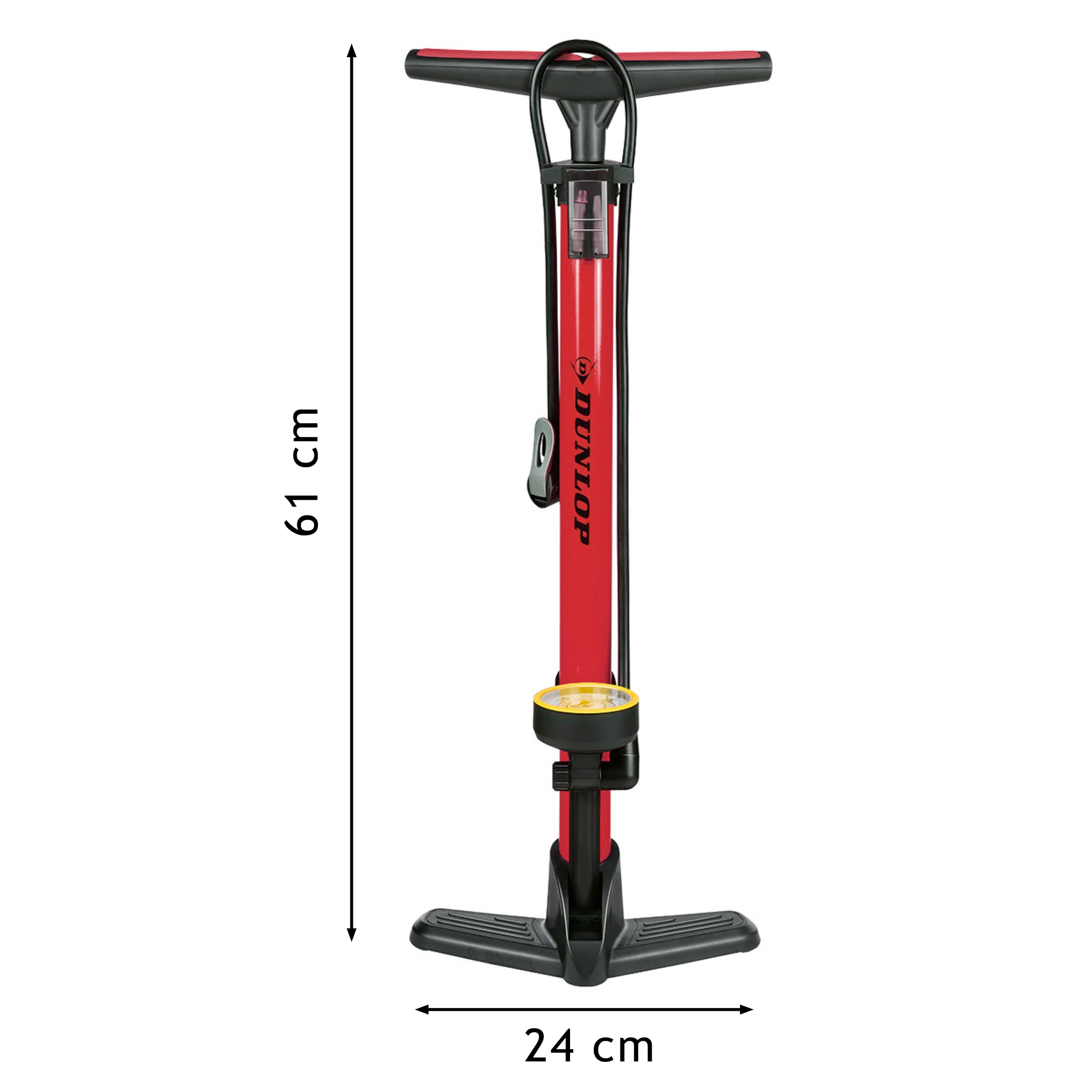 A red and black bicycle pump. Dimensions are 61 cm high and 24 cm wide.