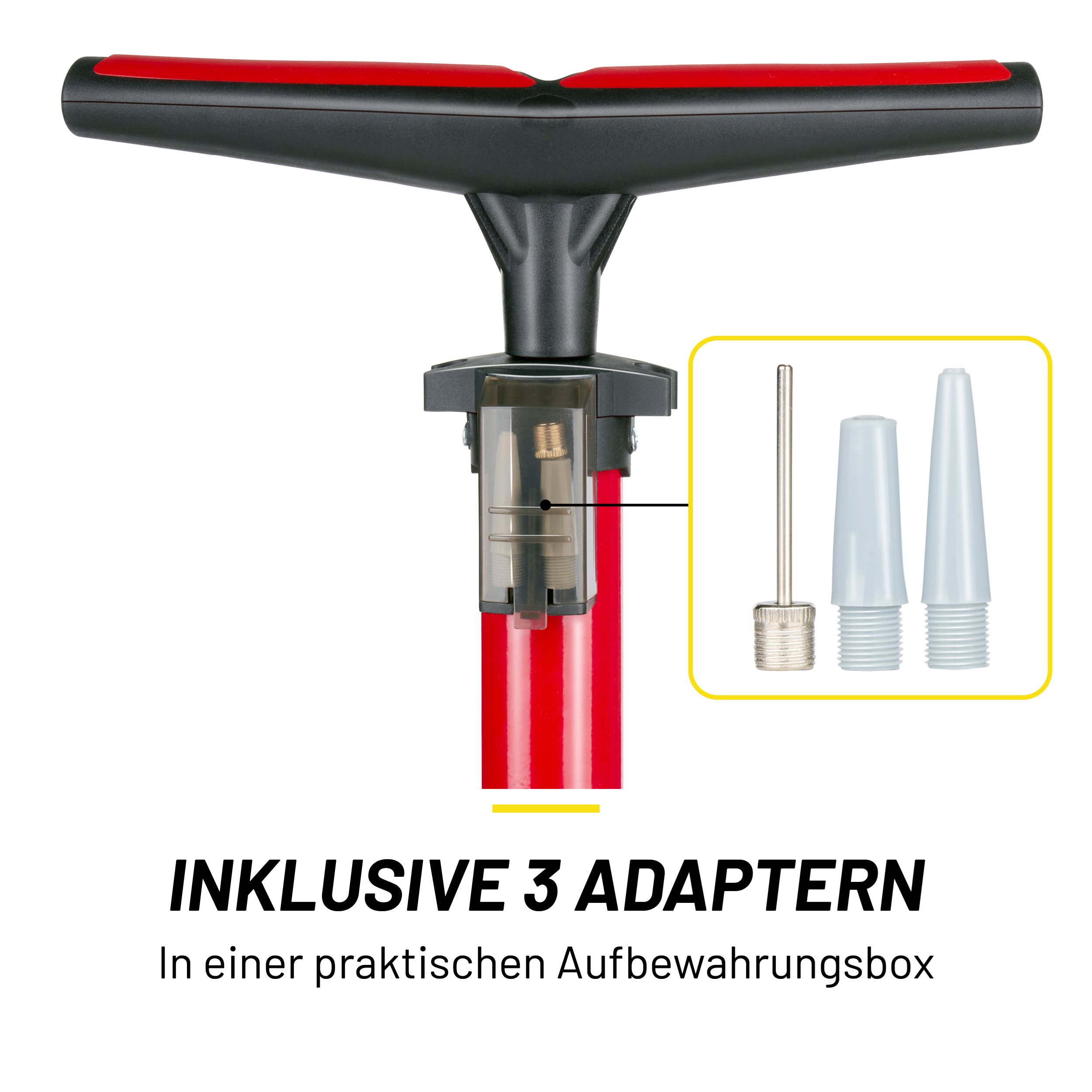 Close up of a red bike pump with three adapters in a transparent case.  Black and red handle.