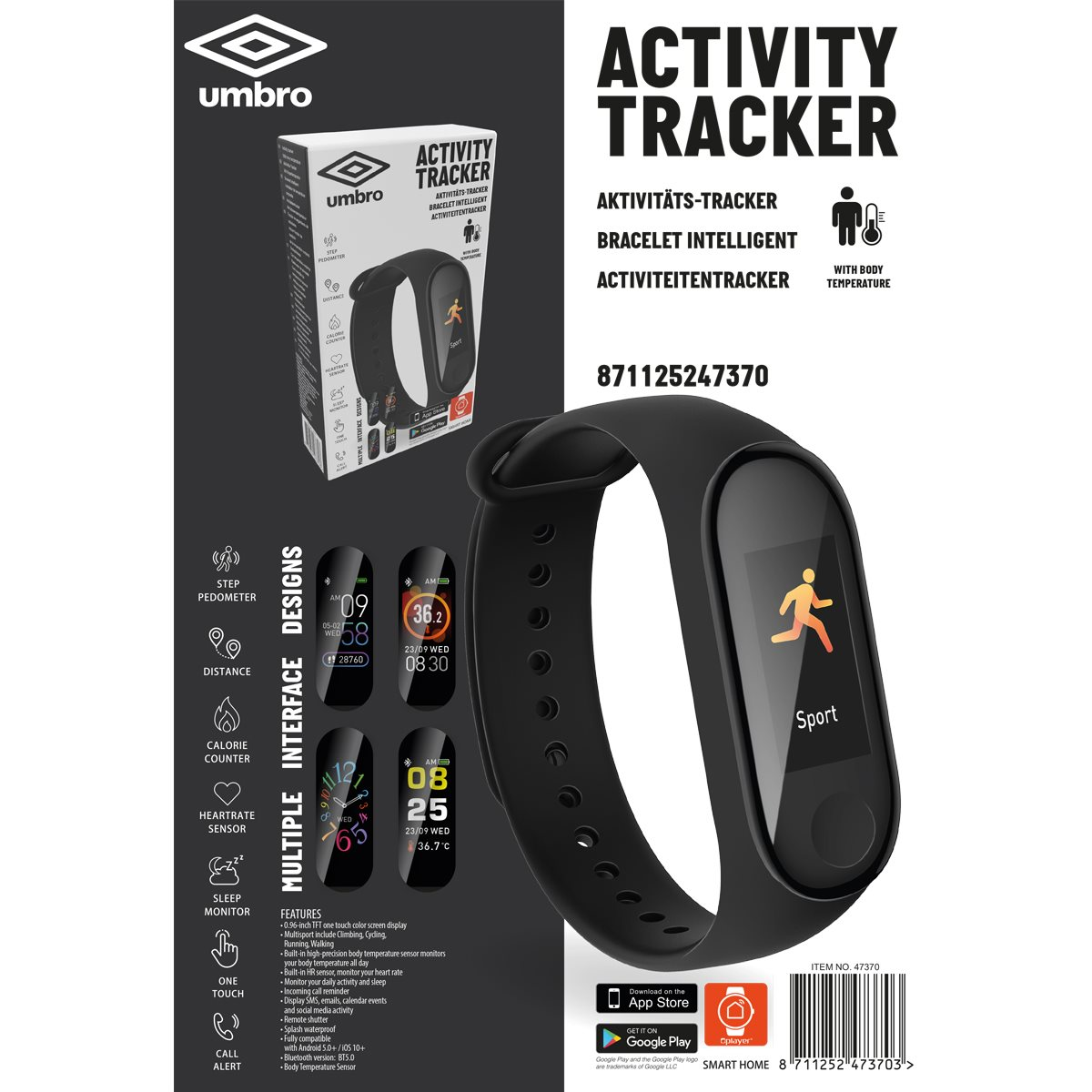Orologio activity tracker Umbro nero con cinturino nero, con scatola e design dell'interfaccia a sinistra.