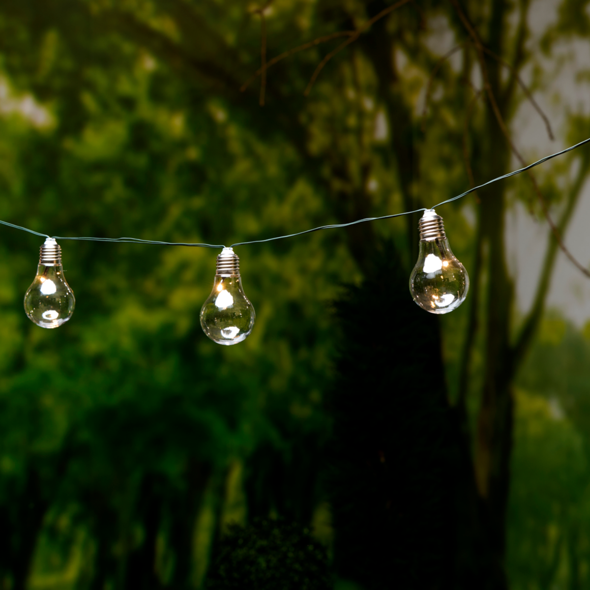Guirlande lumineuse avec trois ampoules transparentes sur un fond vert flou.