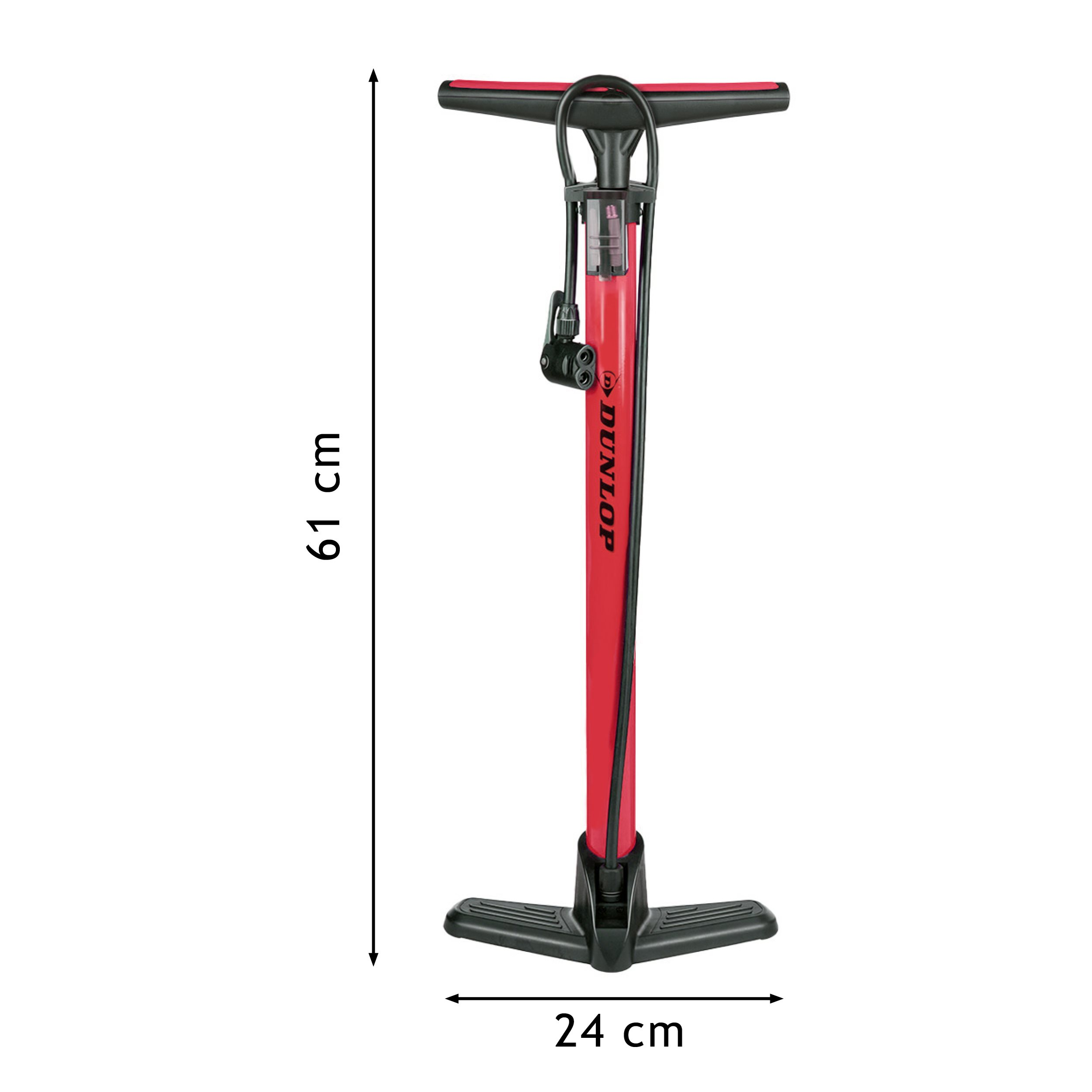 Red and black bicycle pump with dimensions labeled: 61 cm height, 24 cm width.