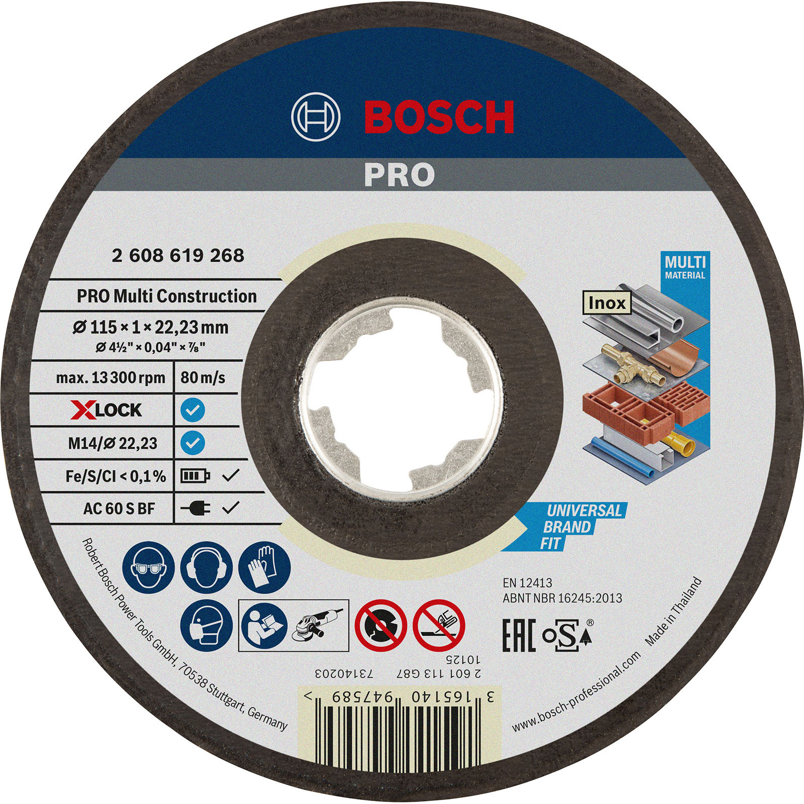 Un disco da taglio multi costruzione Bosch Pro con specifiche e icone di sicurezza su sfondo bianco.
