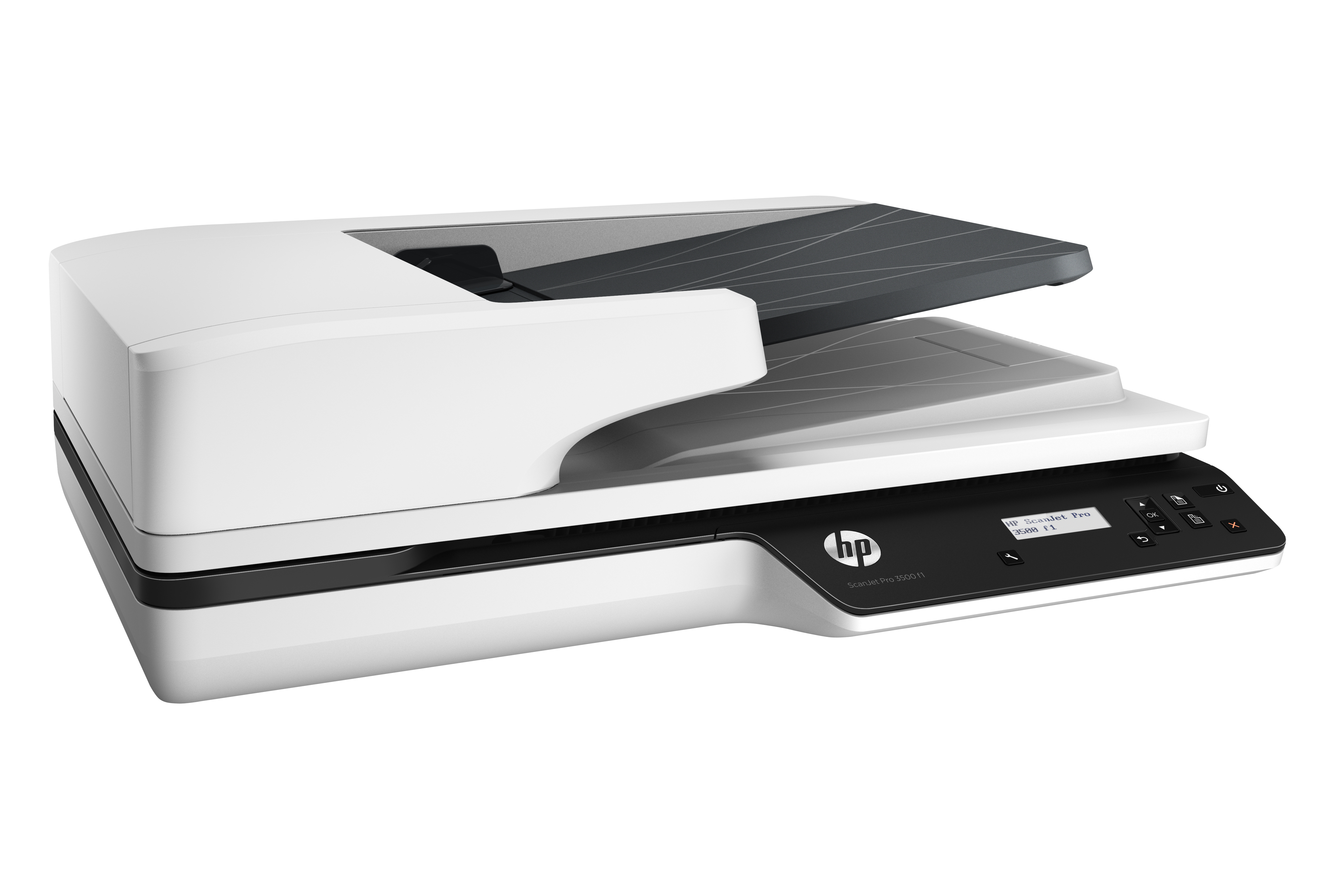 Weiß-schwarzer HP ScanJet Pro 3000 s3 Scanner. Offener Deckel, schwarzer Bildschirm und Knöpfe. Weißer Hintergrund.