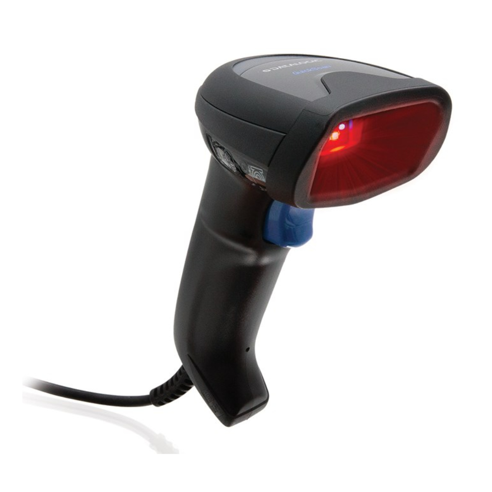 Ein schwarzer Barcode-Scanner, abgewinkelt mit rotem Licht, das von ihm ausgeht.