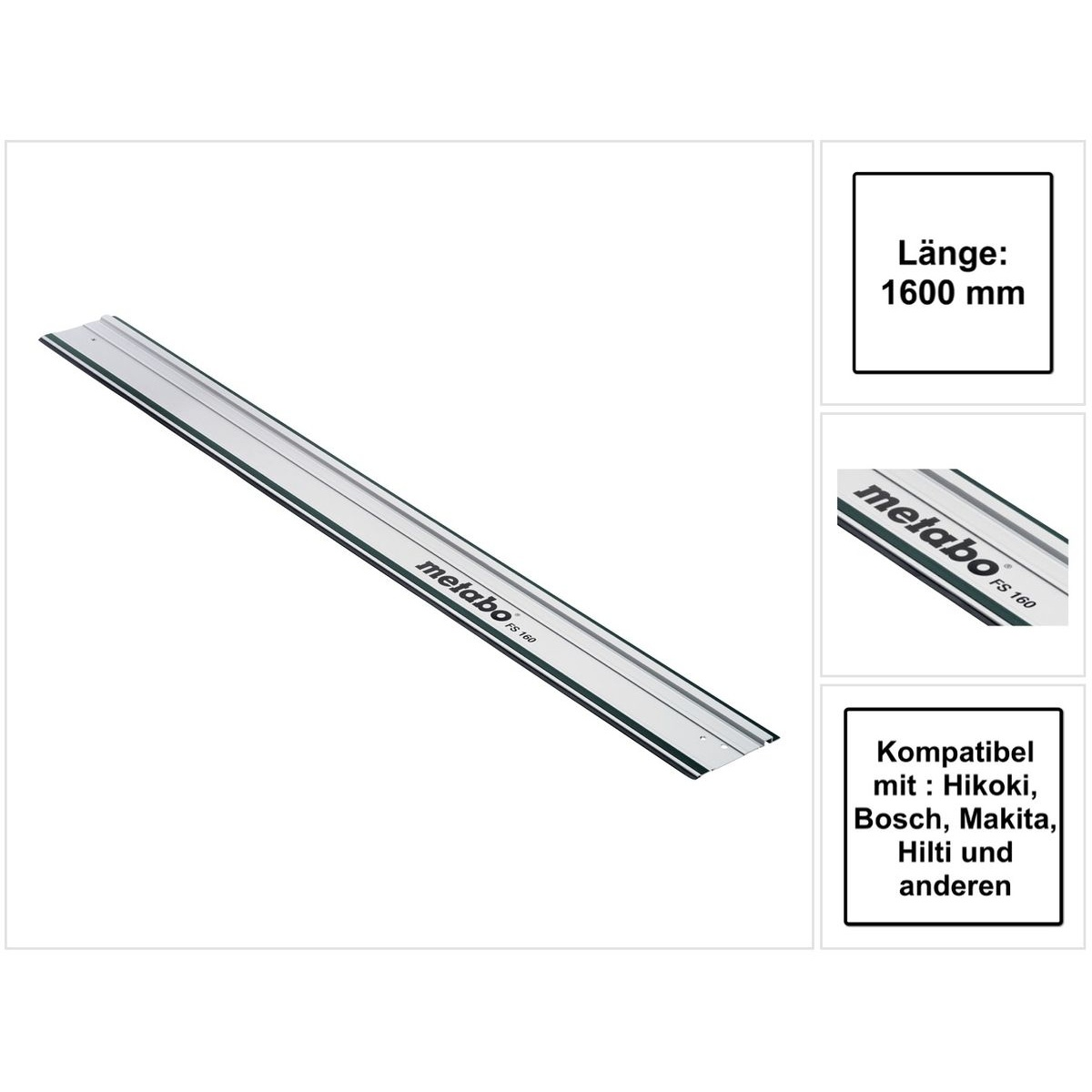 Srebrna metalowa szyna z tekstem i informacjami o kompatybilnych markach. Białe tło.