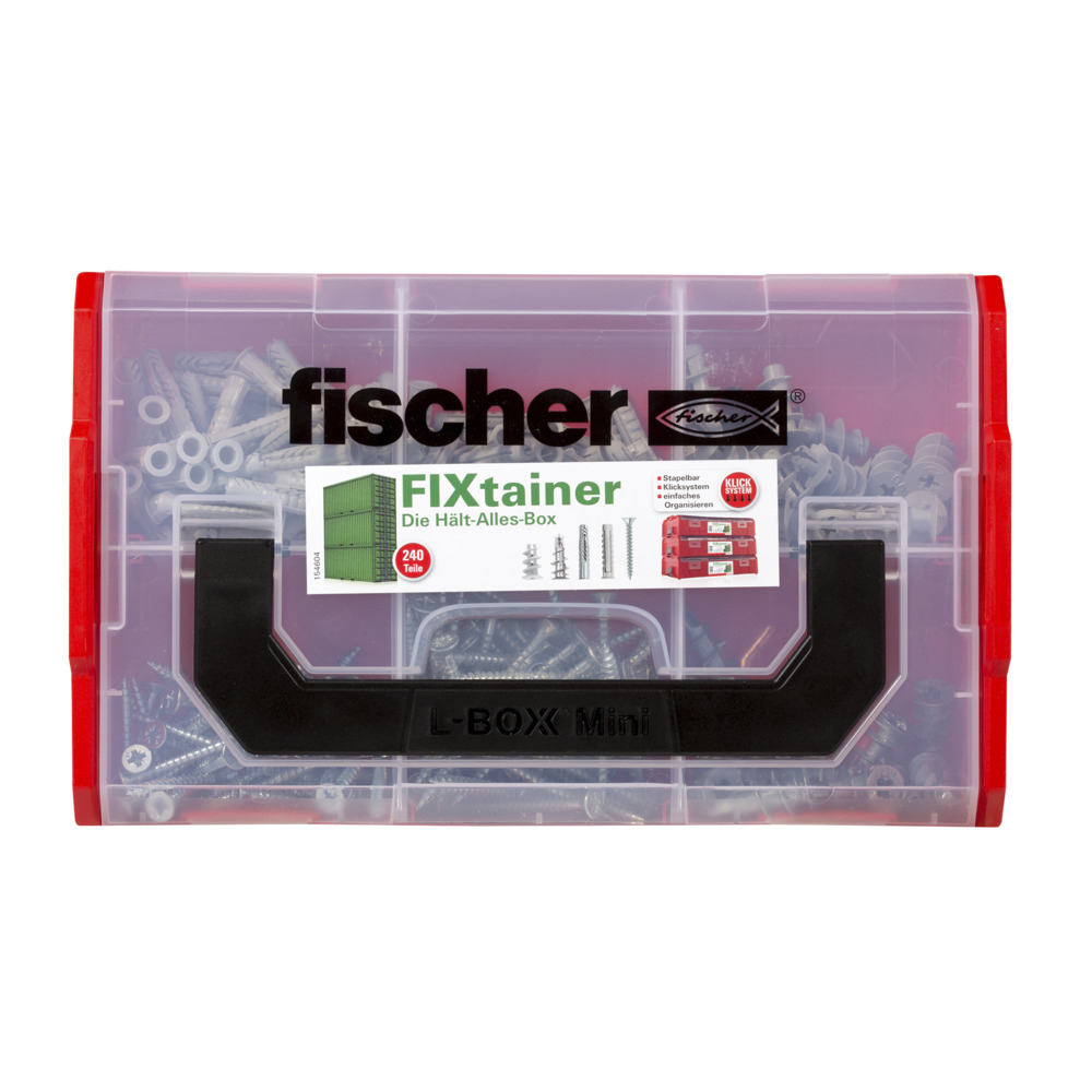 Scatola Fischer FIXtainer rossa e trasparente. Contiene viti, tasselli e altri articoli hardware.