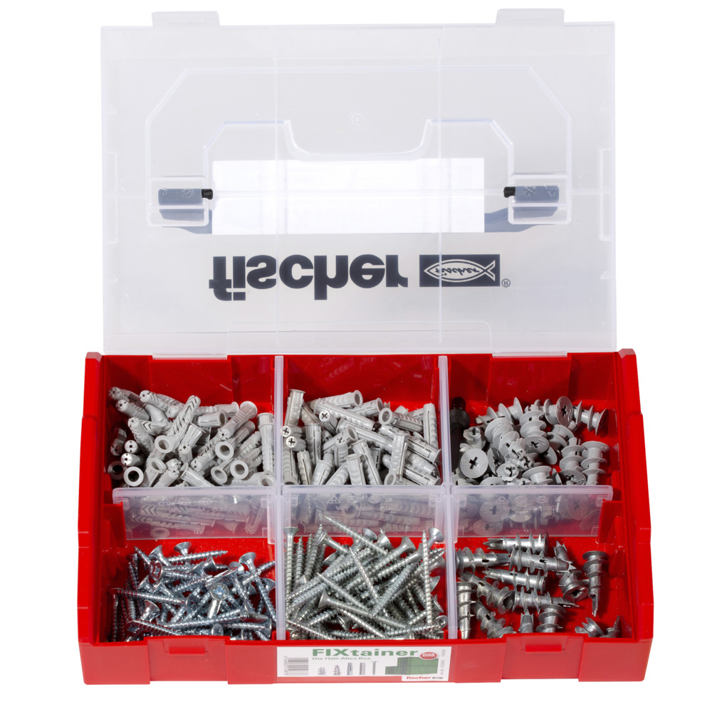 Scatola Fischer FIXtainer rossa. Contiene scomparti con viti e tasselli.