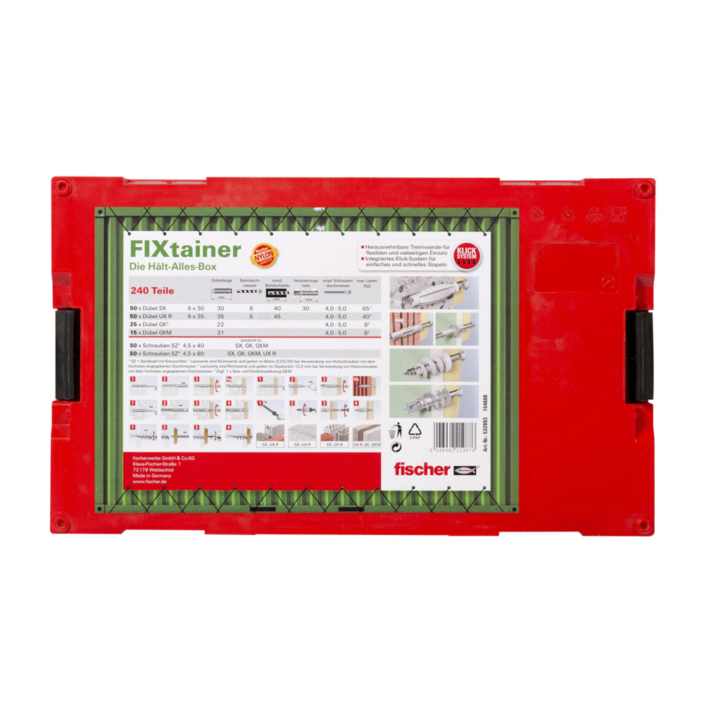 Scatola Fischer FIXtainer rossa. Contiene viti, tasselli e altri articoli hardware.