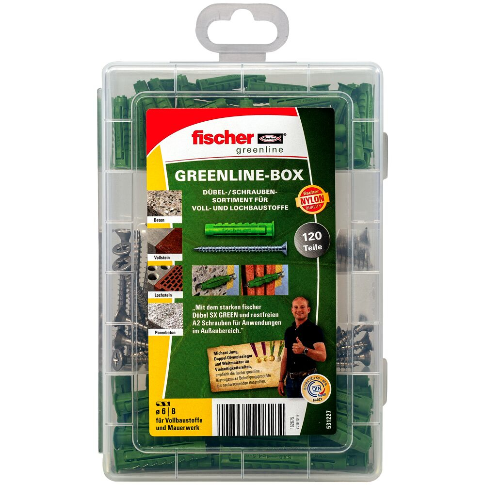 Greenline-Box, eine grüne Box mit Dübeln und Schrauben. Ein Mann gibt Daumen hoch.