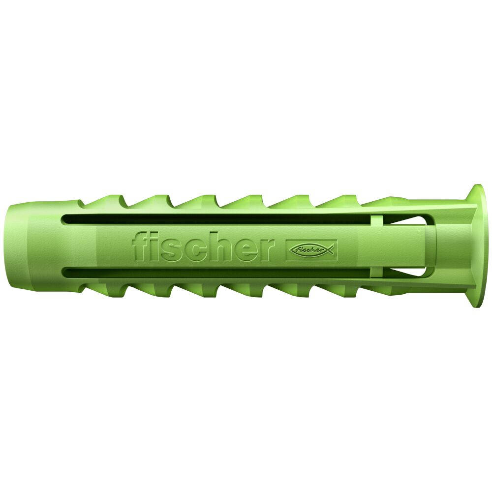 Grüner Fischer-Dübel. Zylindrische Form mit Rillen und dem Fischer-Logo.