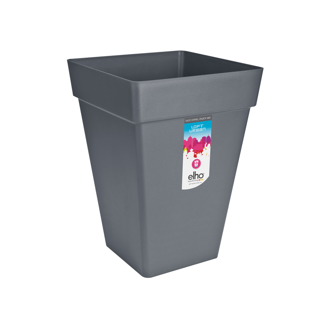 Szara, kwadratowa donica z etykietą. Donica ma zwężający się kształt i białe tło.