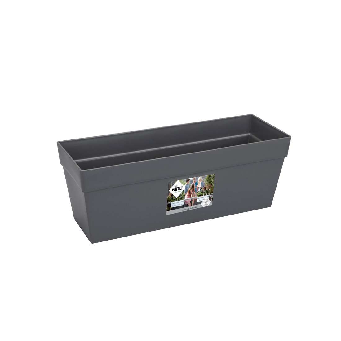 Ciemnoszara prostokątna donica z logo elho. Białe tło.