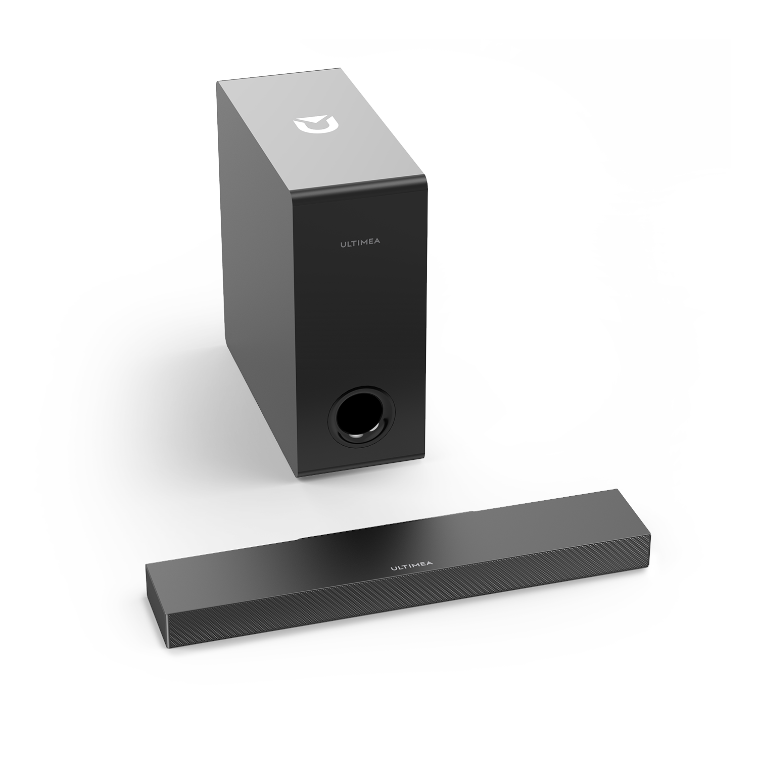 Zwarte soundbar en subwoofer. De subwoofer is rechthoekig. Witte achtergrond.