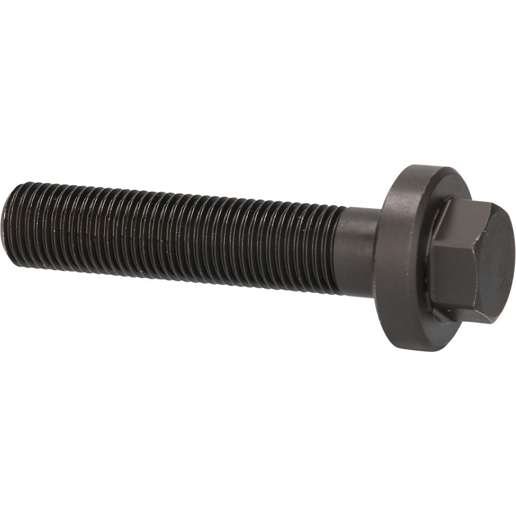 Eine schwarze Metallschraube mit Sechskantkopf und Gewindekörper. Weißer Hintergrund.
