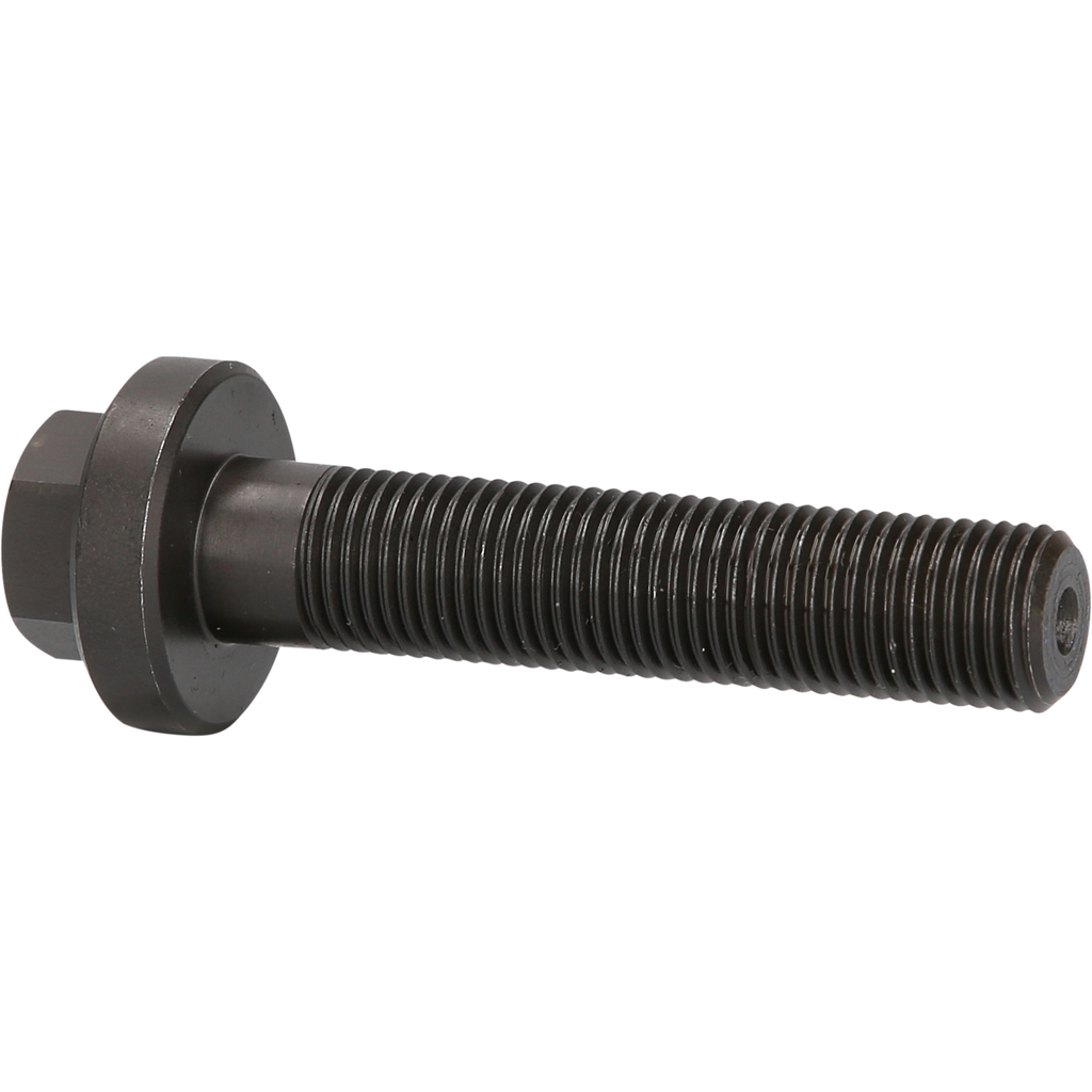 Eine schwarze Metallschraube mit Sechskantkopf und Gewindekörper. Weißer Hintergrund.