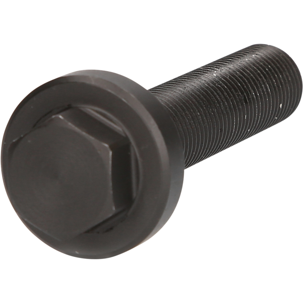 Eine schwarze Metallschraube mit Sechskantkopf und Gewindekörper. Weißer Hintergrund.