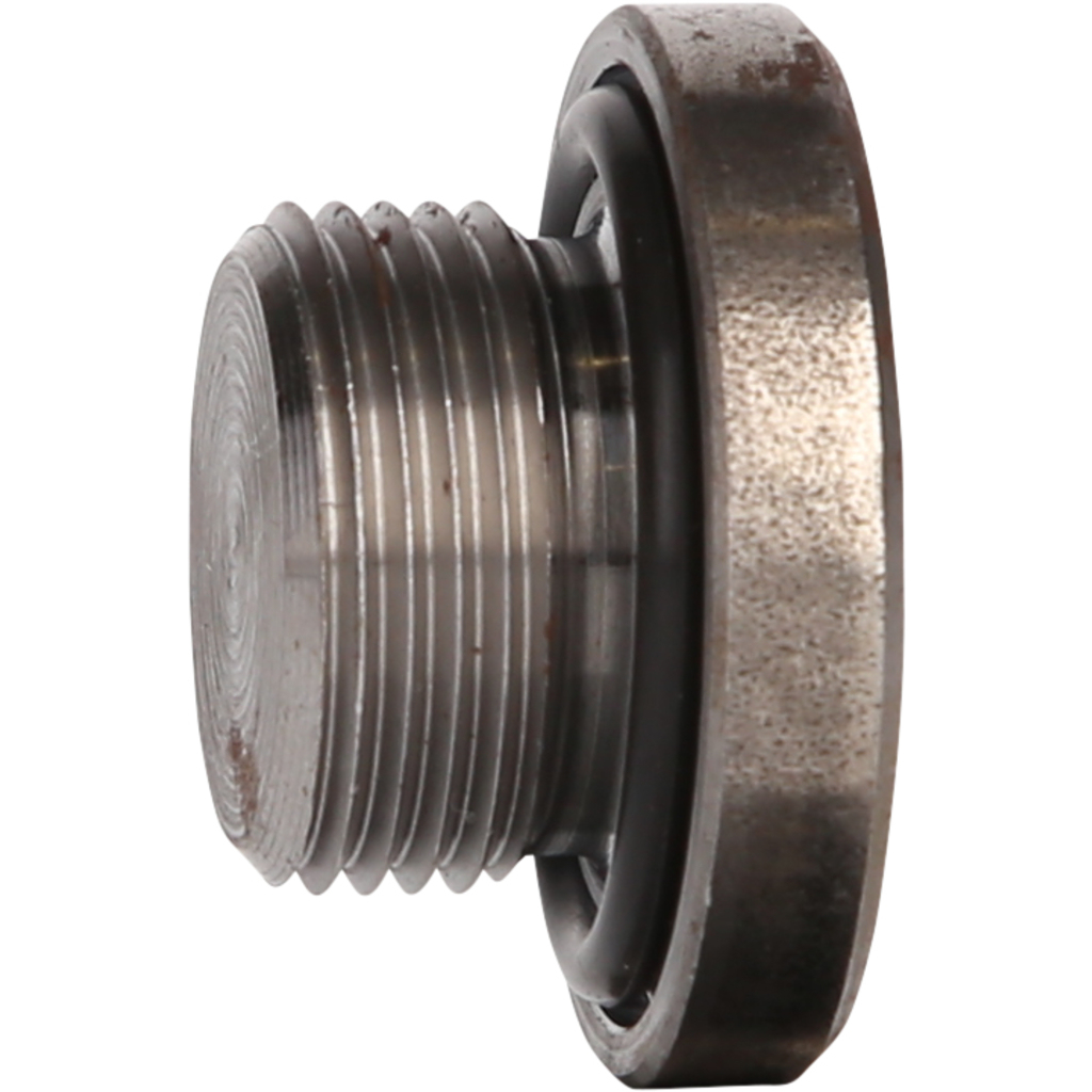Ein Metallstopfen mit Gewinde. Er hat einen kreisförmigen Flansch und einen schwarzen O-Ring.