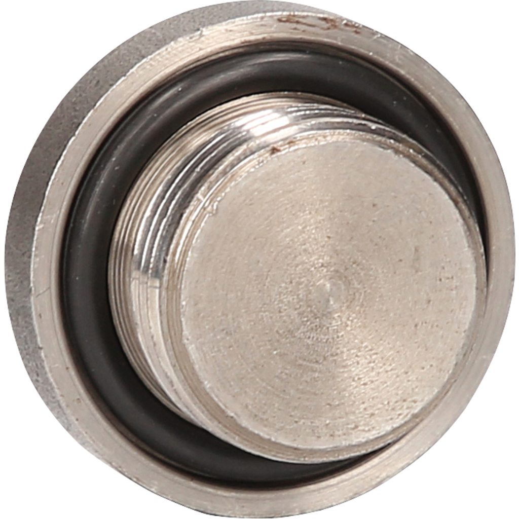 Silberner Metallstopfen mit schwarzem Gummiring und Gewinde, Nahaufnahme.