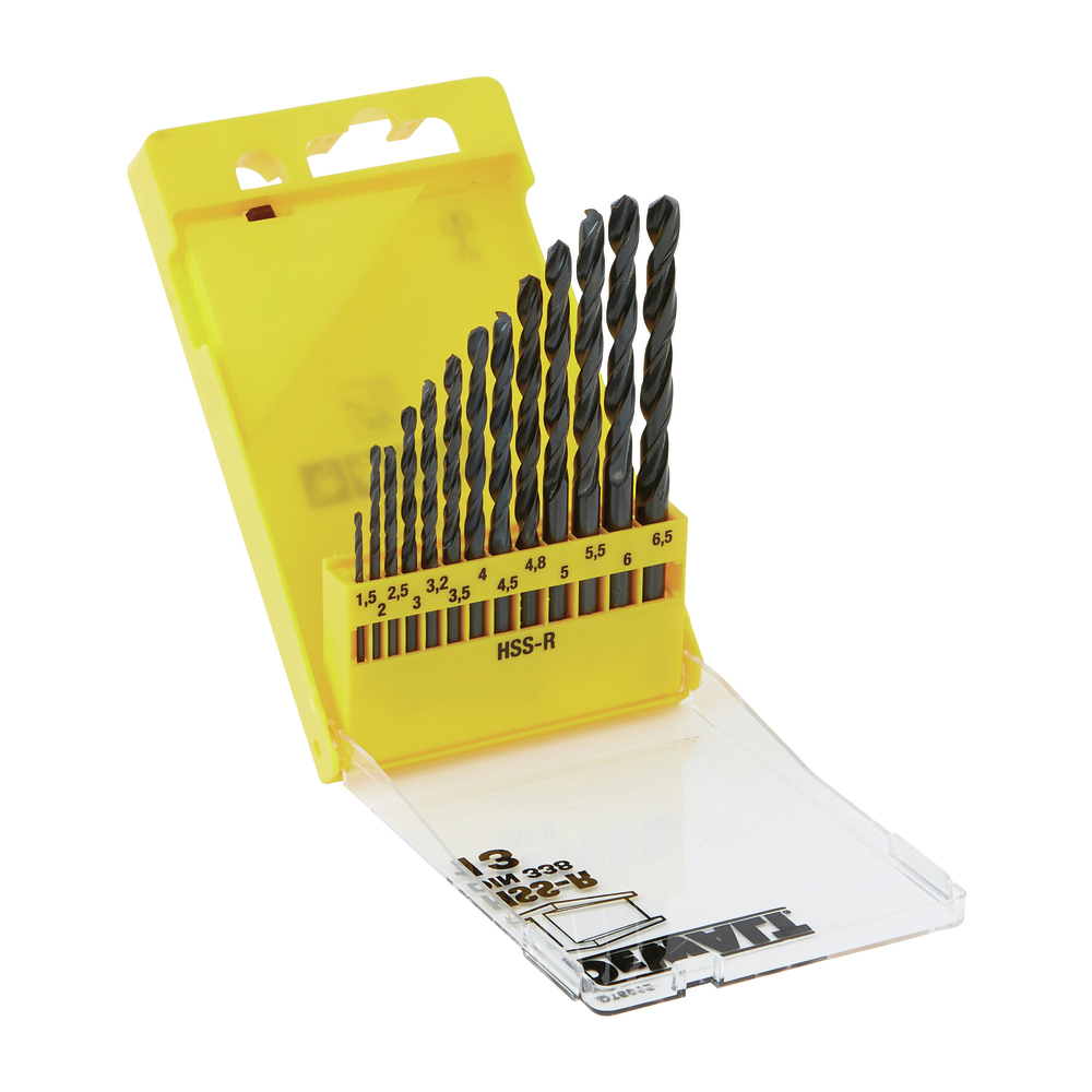 Una custodia gialla DeWalt con un set di punte da trapano nere di varie dimensioni. La custodia è aperta.