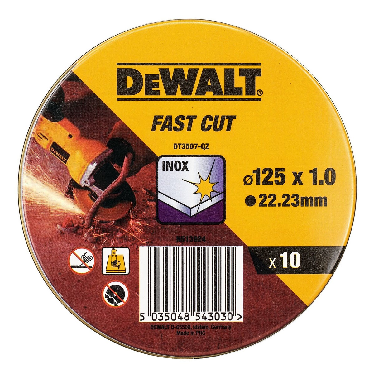 Gelbes Kreissägeblatt mit DEWALT-Logo und Produktdetails. Zeigt eine Schleifaktion.
