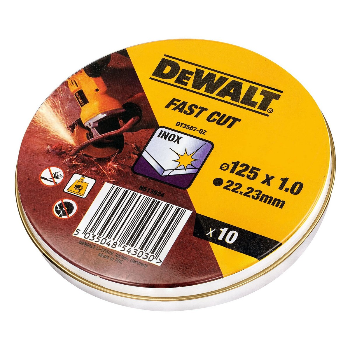 Gelbes Kreissägeblatt mit DEWALT-Logo und Produktdetails. Zeigt eine Schleifaktion.