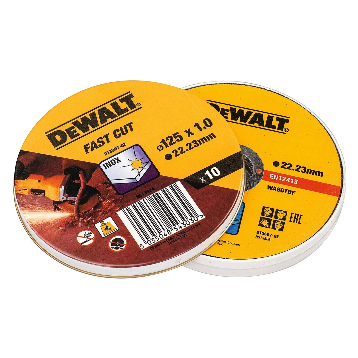 Zwei gelbe Kreissägeblätter mit DEWALT-Logo und Produktdetails.