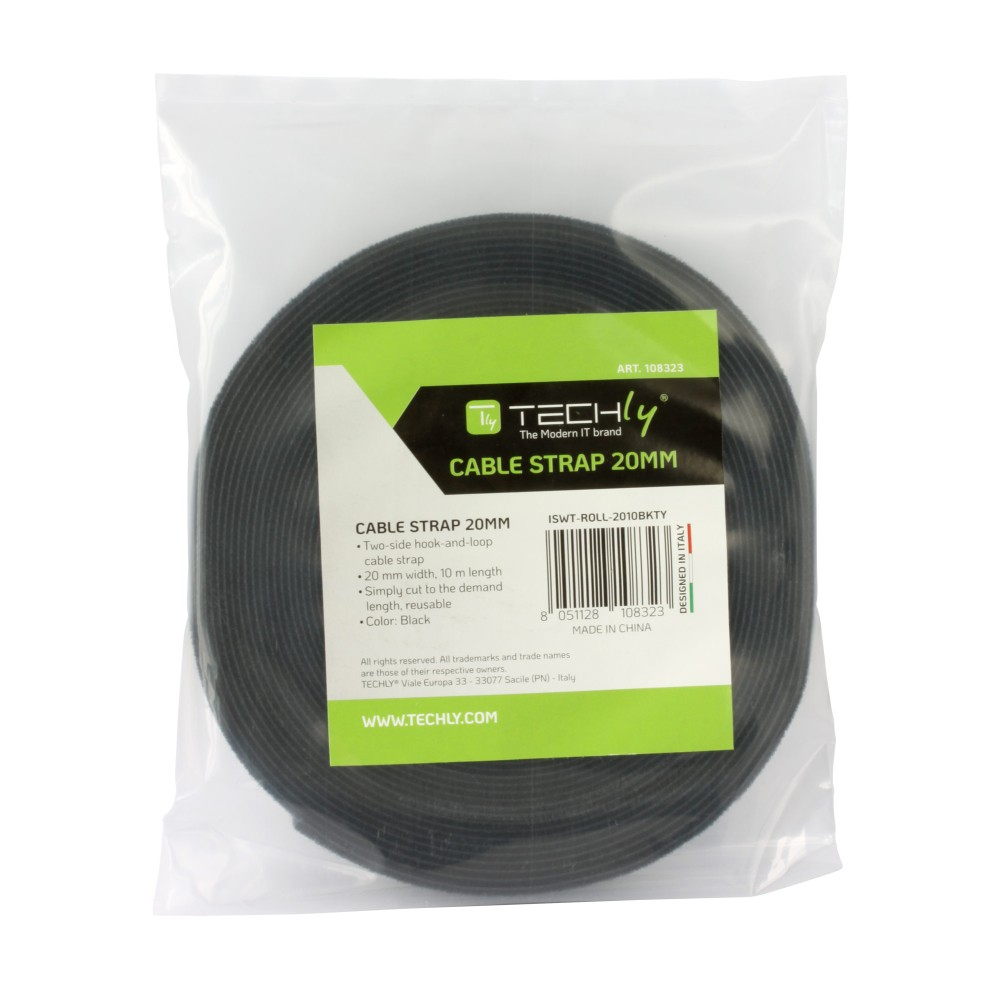 Rollo de correas de cable negras en bolsa de plástico transparente.