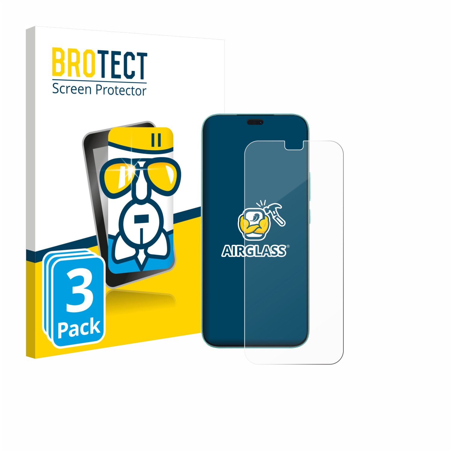 Ein Displayschutz für das Telefon in seiner Verpackung, mit Telefon und Displayschutz.