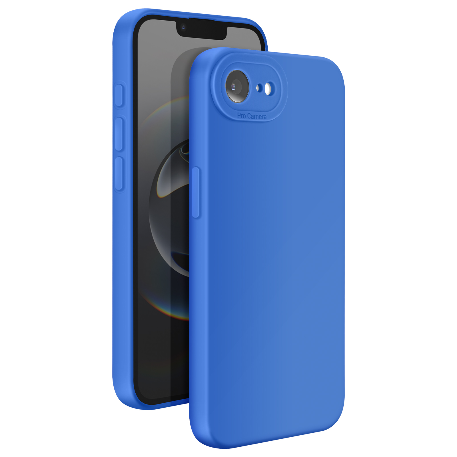 Coque de téléphone bleue avec un téléphone à l'intérieur. Le téléphone est noir, avec une caméra. La coque couvre le téléphone.