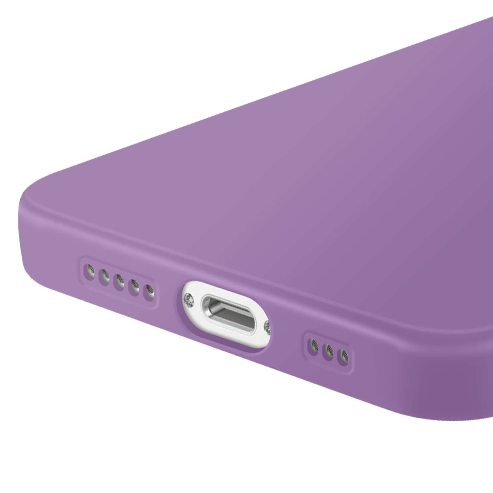 Close-up van een paarse telefoonhoes met uitsparingen voor poorten en luidsprekers, eenvoudig ontwerp.