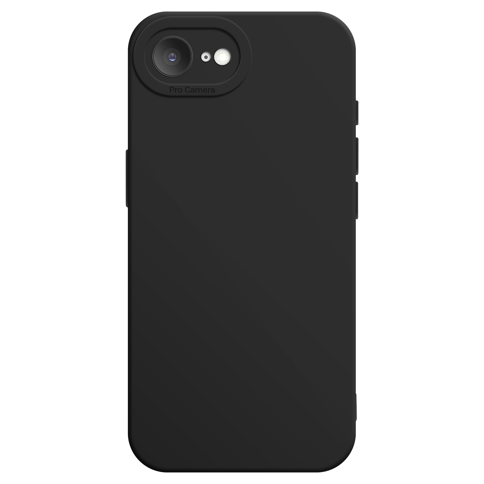 Une coque de téléphone noire avec une bosse pour la caméra sur fond blanc. La bosse de la caméra est étiquetée 'Pro Camera'.