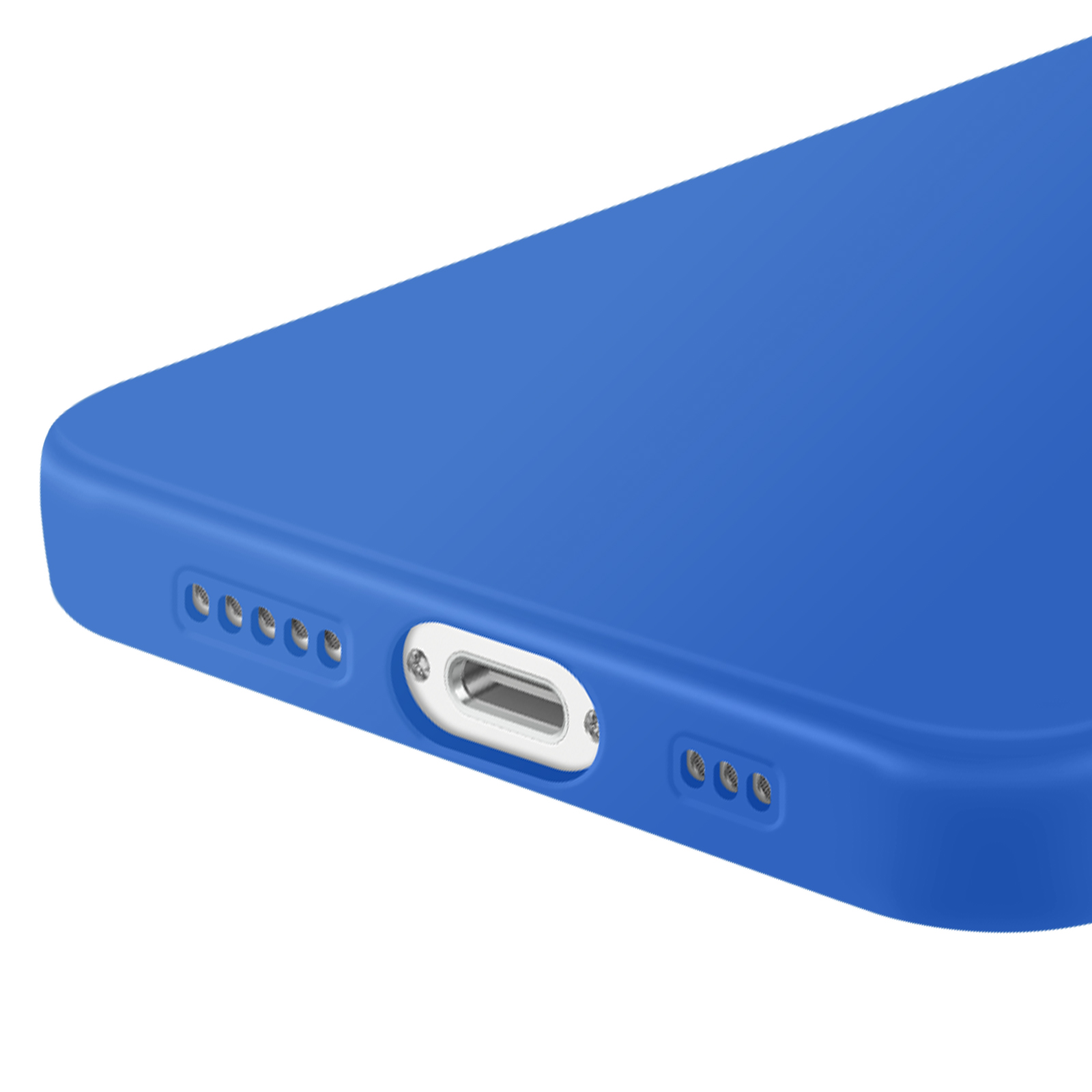 Gros plan du bas d'un téléphone bleu. Il a des trous pour haut-parleurs, un port de charge et une surface lisse.