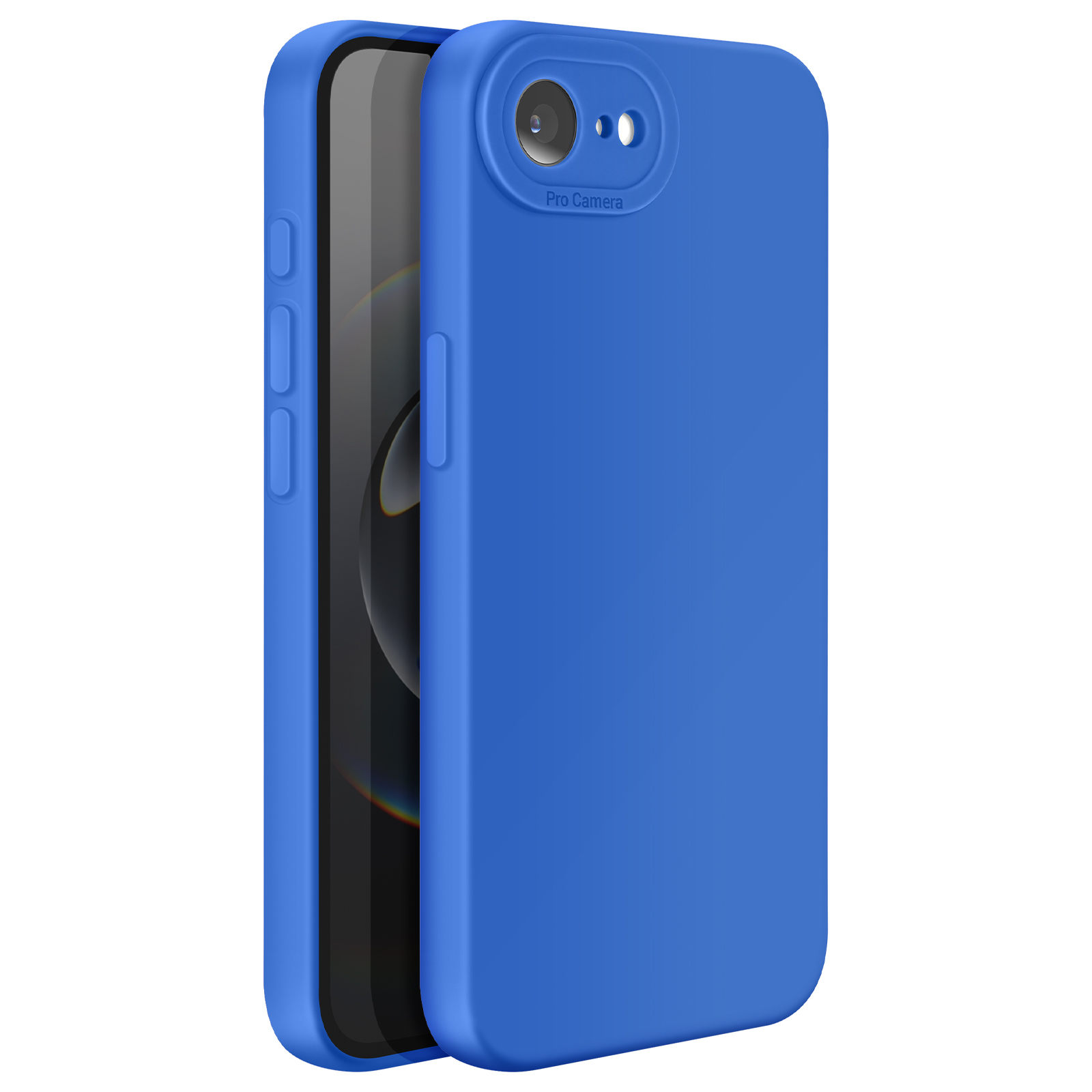 Coque de téléphone bleue, téléphone partiellement à l'intérieur, sur fond blanc.