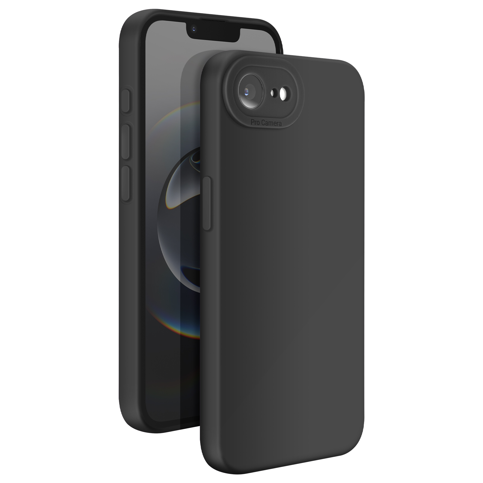 Deux coques de téléphone noires, une sur un téléphone et une séparée. Le téléphone est noir.