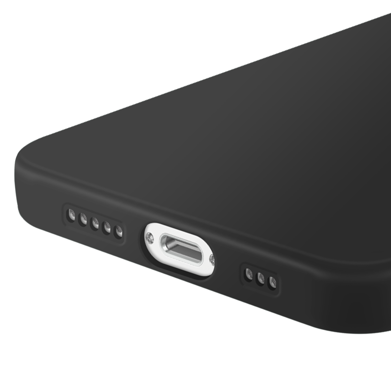 Une coque de téléphone noire avec port de charge et trous de haut-parleur, sur fond blanc.