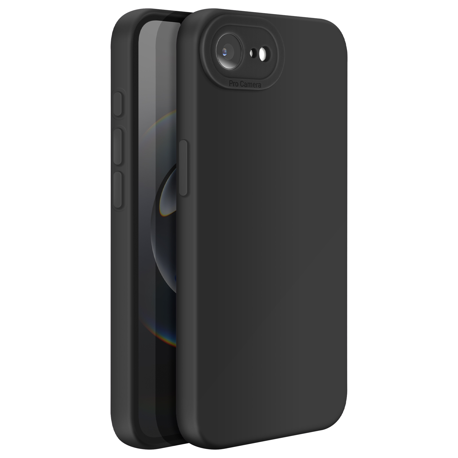 Une coque de téléphone noire avec un protecteur d'appareil photo. Le téléphone est visible à l'intérieur de la coque.