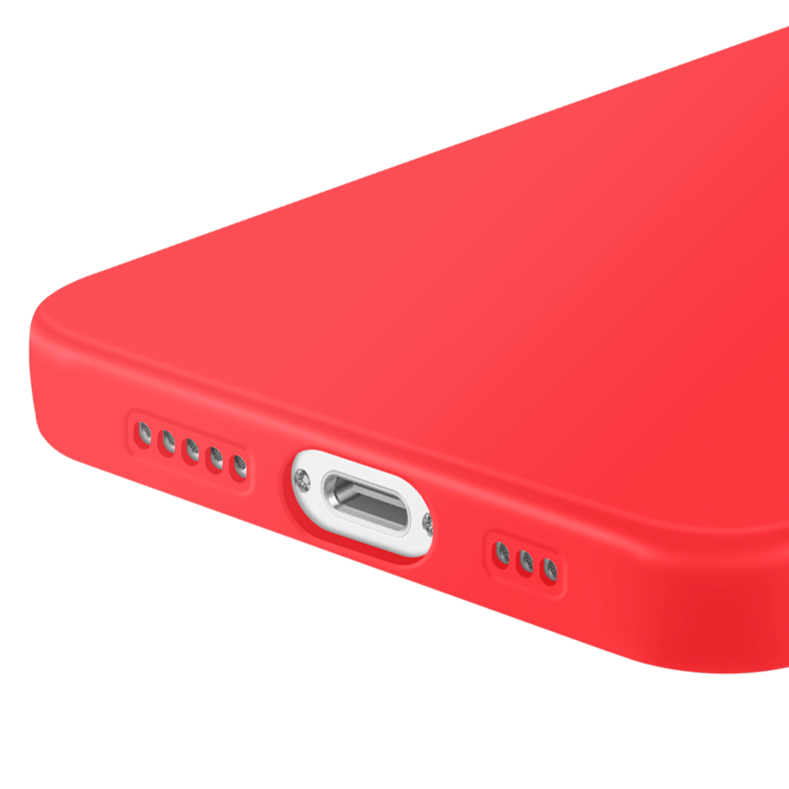 Gros plan d'une coque de téléphone rouge avec port de charge et trous de haut-parleur.