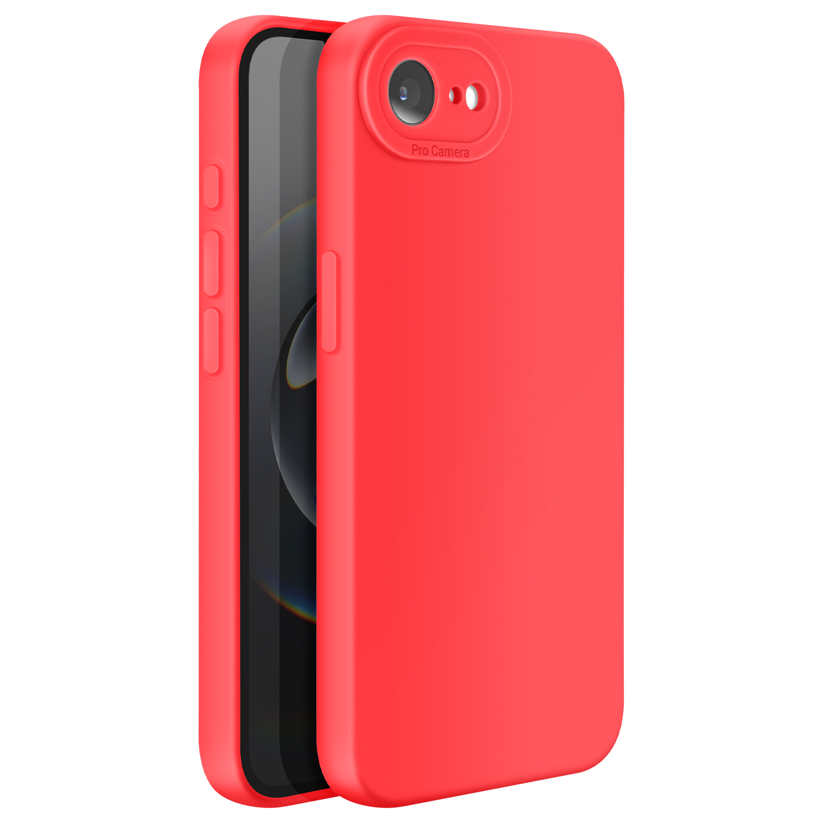 Coque de téléphone rouge avec un téléphone à l'intérieur, avec une étiquette Pro Camera.