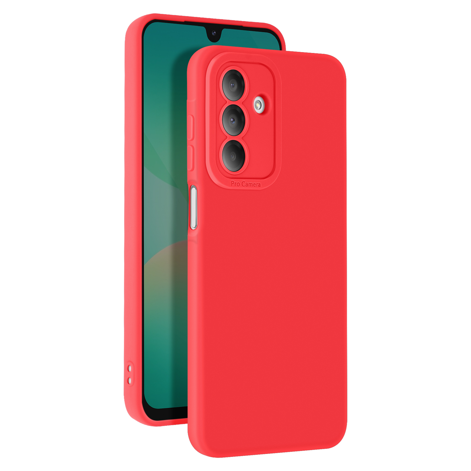 Una custodia per telefono rossa, con un telefono all'interno. La custodia ha un rigonfiamento per la fotocamera.
